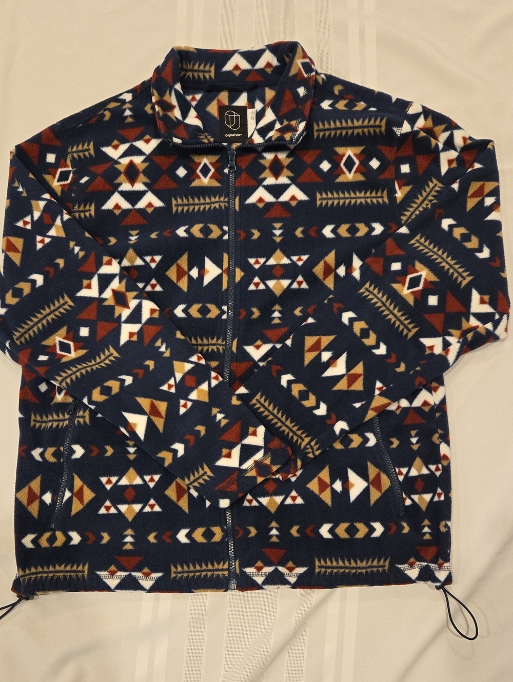 Original Use Navy Geometric Fleece Jacket with Maroon, Brown & White Accents